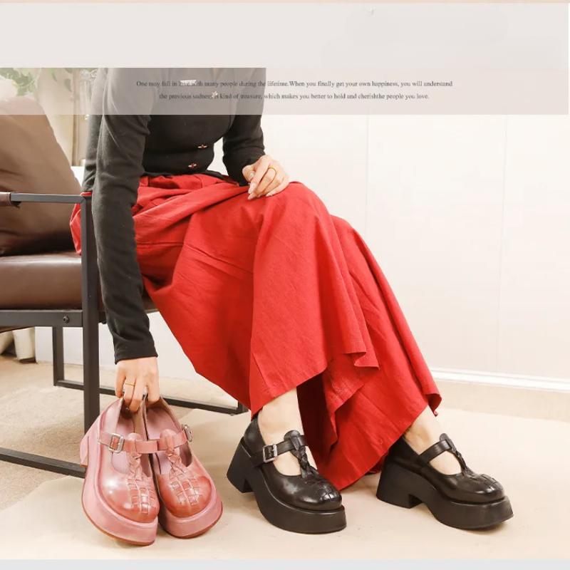 Johnature Escarpins Haut de Gamme en Cuir de Vache à Boucle en T Peu Profonde Rétro Semelle Épaisse Fait Main Chaussures à Plateforme pour Femmes