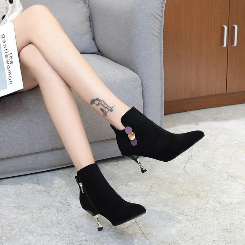 Fashion Autumn Winter Black Warm Booties Pointed Toe Heeled Ankle Boots for Women Comfortable and Elegant Woman Short Shoes On Promotion