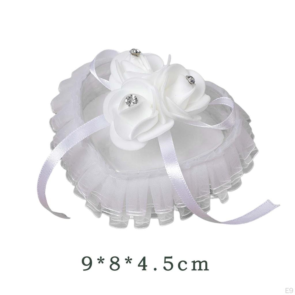 Bridal Ring Holder Cushion Heart Shaped Bearer Box Romantic Pillow with Ribbon for