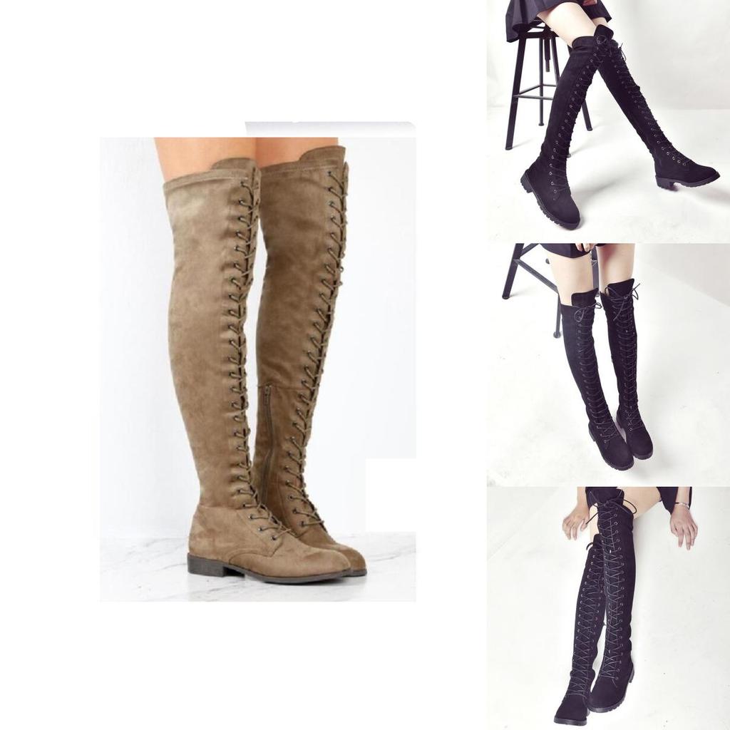 Luxurious Womens Lace Up Low Heel Thigh High Over The Knee Stretch Riding Boots Shoes