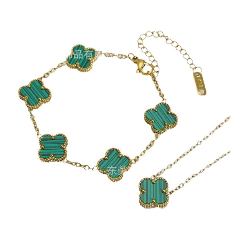 13mm Stainless Steel Clover Jewelry Set Necklace Bracelet Earrings Women Fashion Floral