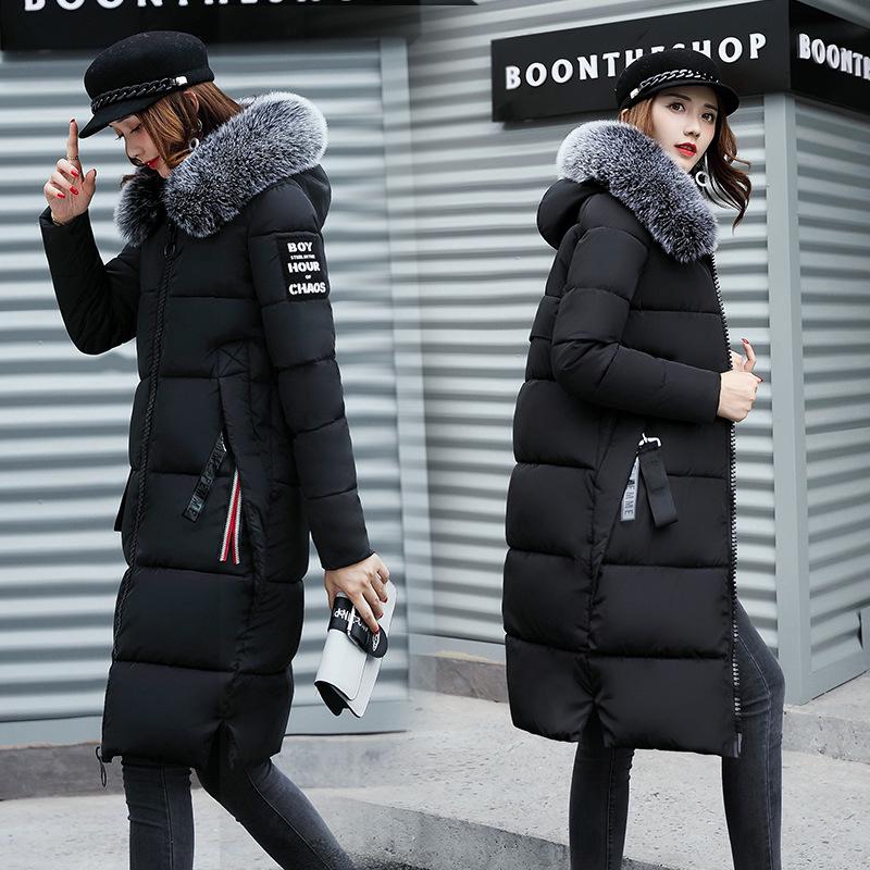 

Женская хлопковая одежда с подкладкой длинная зимой, приталенная и тонкая, хлопковая одежда больших размеров, большой меховой воротник, хлопковая куртка длиной до колена. XXXL чёрный