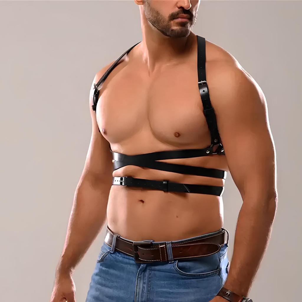 Men's Black Faux Leather Body Chest Harness Adjustable Strap - Fashion Clubwear Accessory, Rave Outfit for Parties