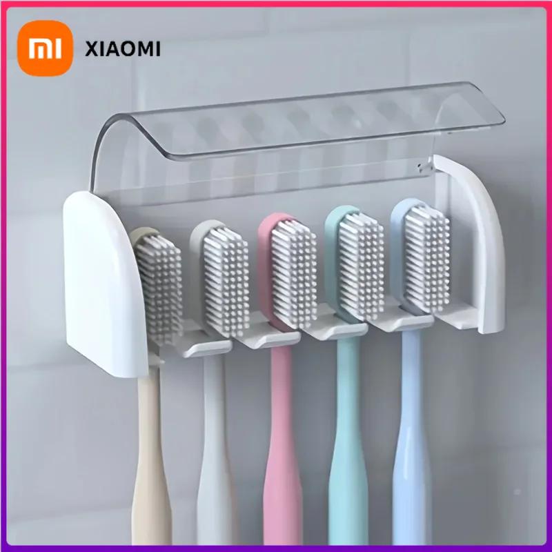 Xiaomi A Covered 5-Slot Toothbrush Holder, Self-Adhesive Wall Toothbrush Storage Rack, Plastic Bathroom Supplies