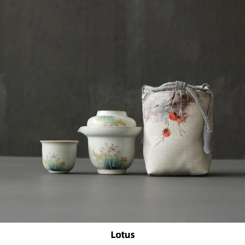 Ceramic Tea Set Chinese Style One Pot Three Cups Office Outdoor Convenience Storage Bag Travel Picnic Tea Set Decor Simple