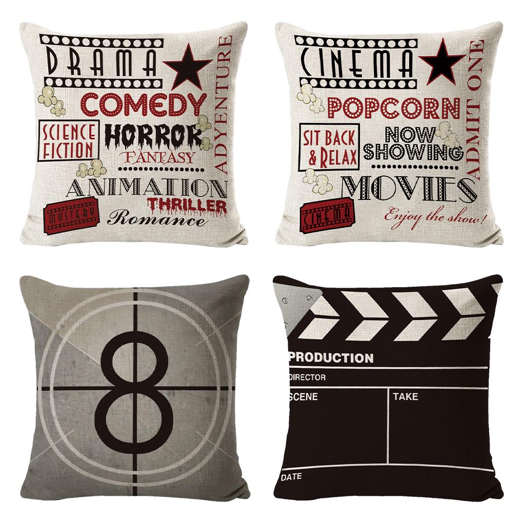 Cinema Pattern Letters Cushion Cover Easy To And Clean Premium Linen Home Decoration Cushion Cover