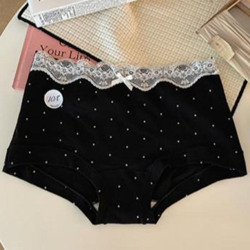 Ladies Summer Romantic Sexy Lace Polka Cotton Crotch Breathable Comfortable Mid Waist Boxer Briefs L чёрный