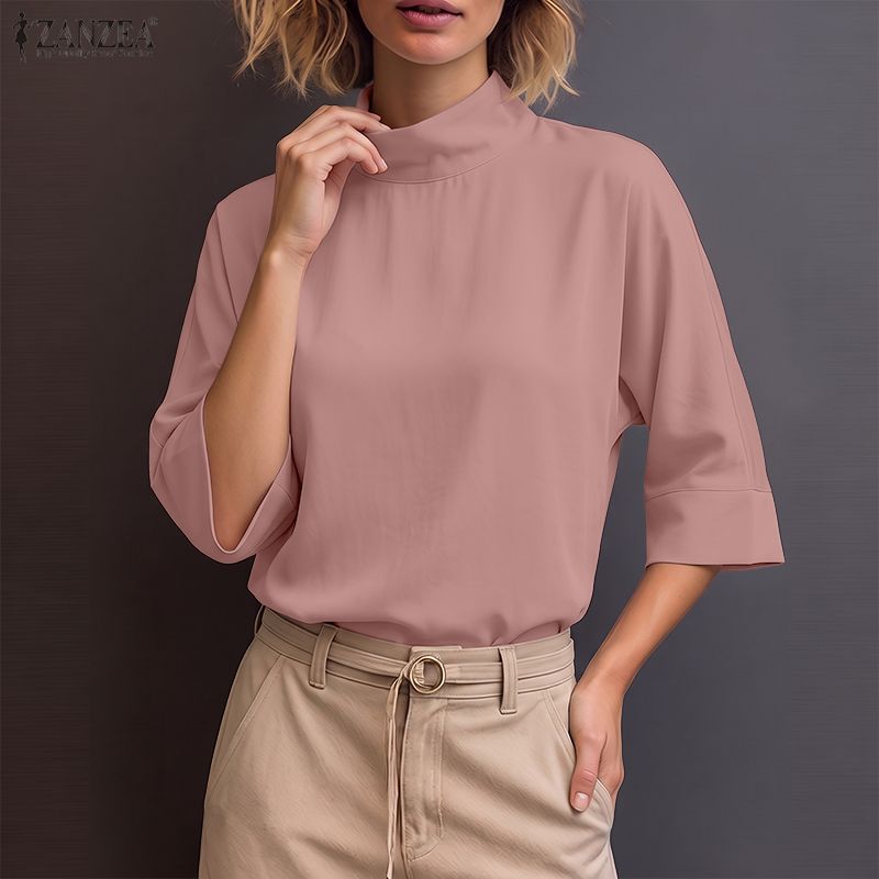 ZANZEA Bluză casual pentru femei, cu guler drept, culoare uni, croială largă, mânecă 3/4