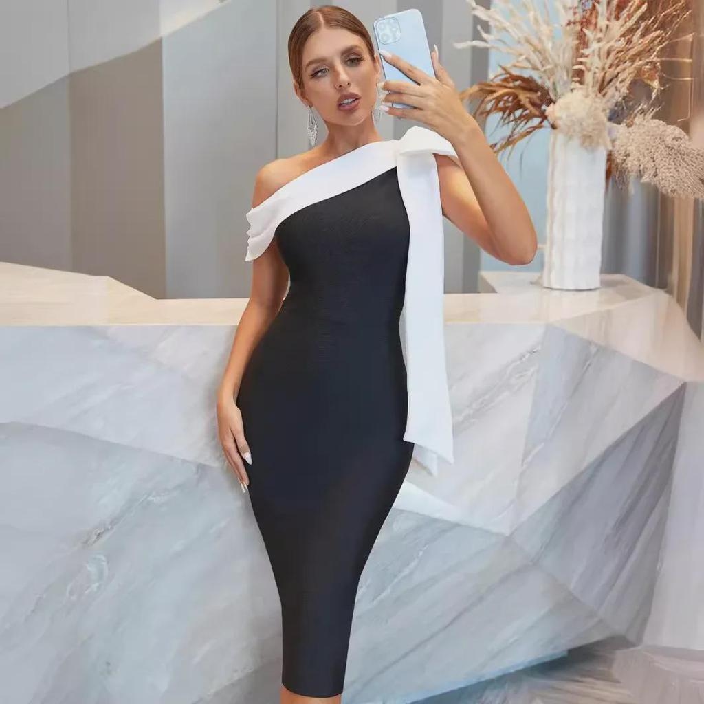 European & American One-Shoulder Bow Bandage Dress with Celebrity-Style Slim Fit Skirt