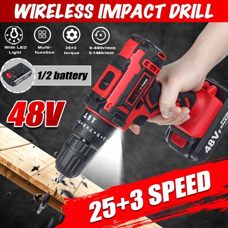 Furadeira Elétrica 48V Furadeira de Impacto Sem Fio Mini Parafusadeira Sem Fio 25+3 Velocidade Dupla Ferramentas Elétricas Com 2pcs Recarregáveis