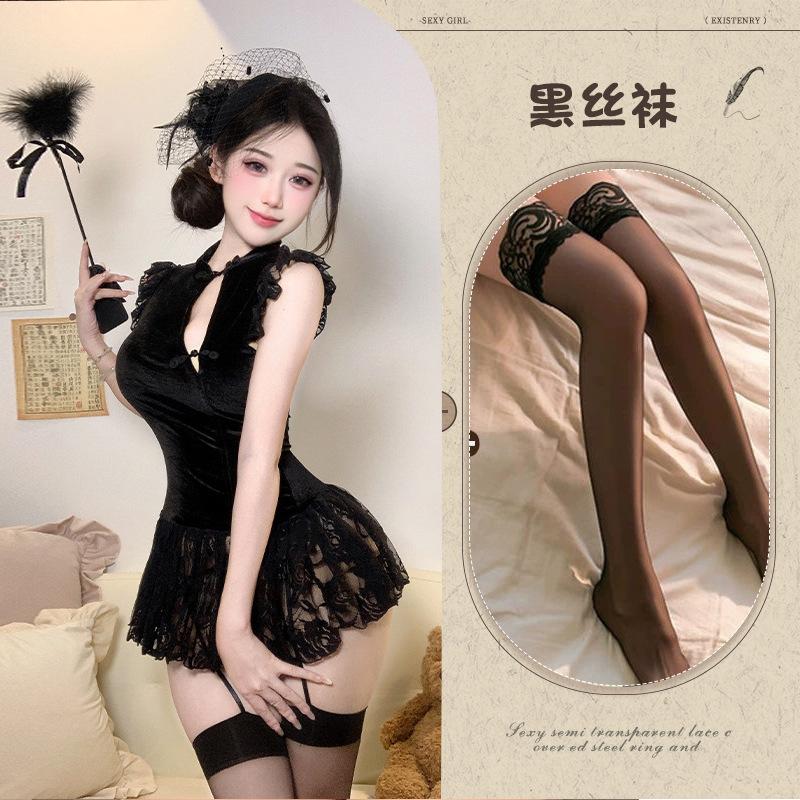 Sexy lingerie retro new Chinese cheongsam sexy velvet lace mesh buckle cheongsam sex nightdress