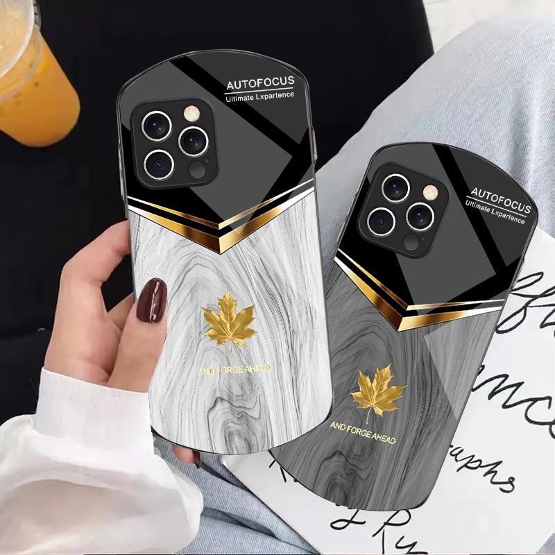 V-shaped Maple Leaf For Iphone 11 12 13 14 15 16 Pro Max Plus Mini 7 8 Se 2020 X Xs Xr Elliptical Tempered Glass Phone Case