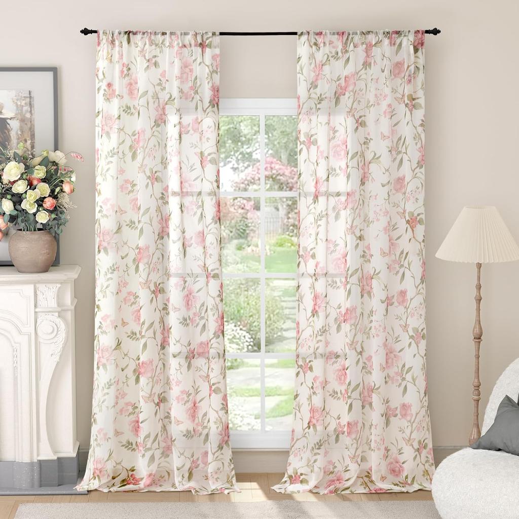 Floral Sheer Curtains For Girls Bedroom, Vintage Farmhouse Light Filtering Privacy Semi-Sheer Linen Curtains For Kids Nursery