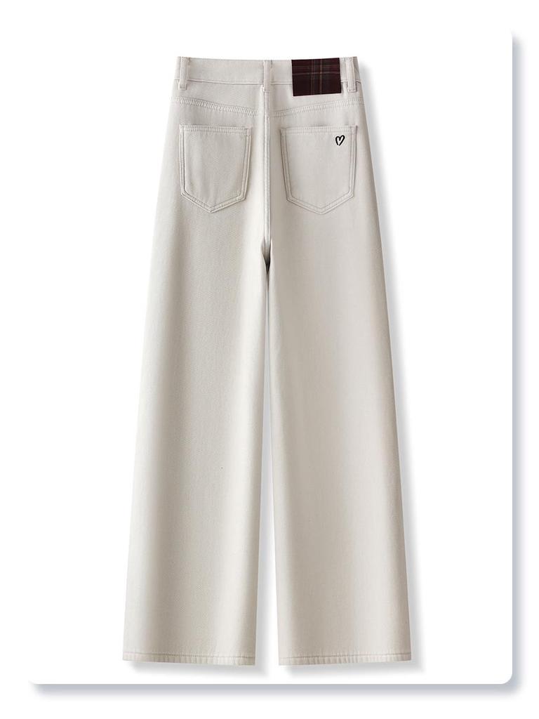Ivory Fleece-Lined High-Waisted Wide-Leg Jeans - Women's 2024 Autumn/Winter Slimming Straight-Leg Pants