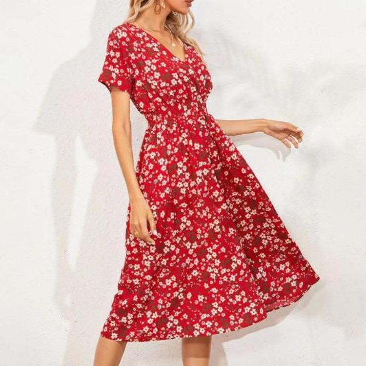 Summer Vacation Floral Print V Neck Loose Dress for Ladies