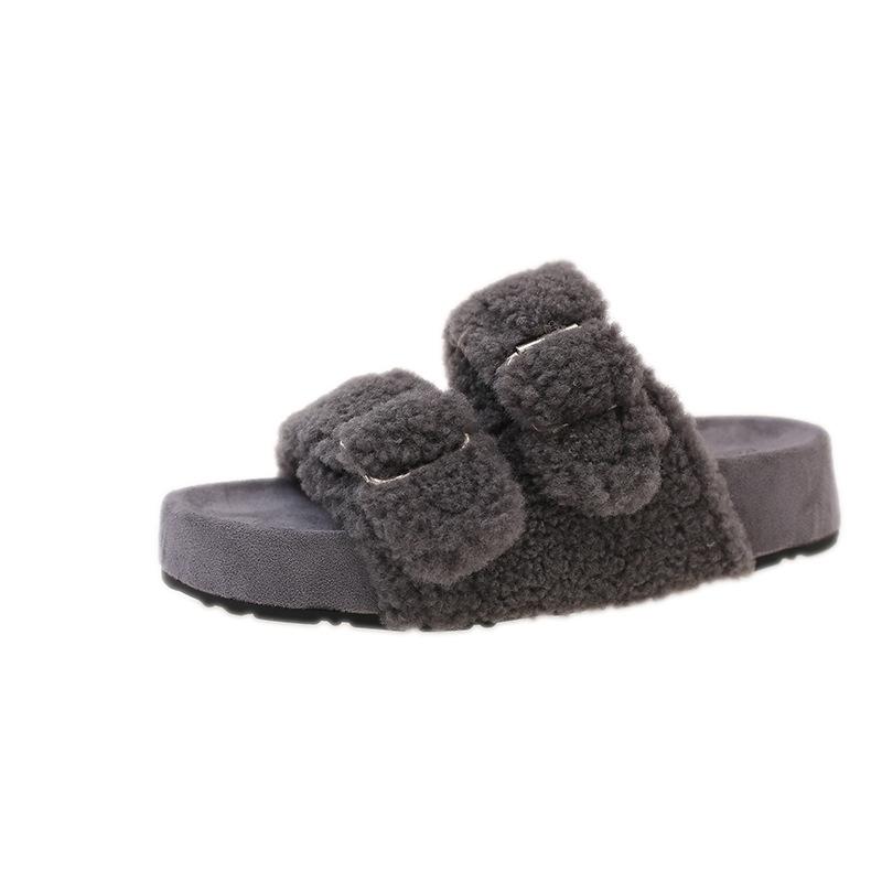 Double-button thick-soled fluffy slippers for women's 2025 autumn and winter new models, high-end external wear, fashionable open-toed external wear,