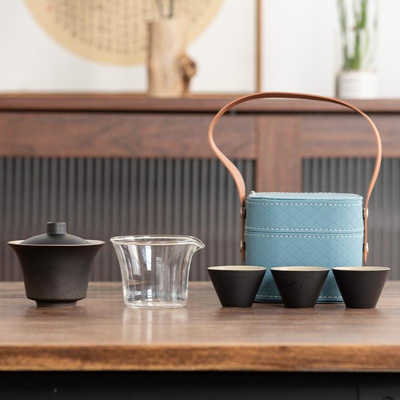 Light Luxury Travel Tea Set Cover Bowl Kuaike Three Cups Outdoor Portable Handbag High-end Ceramic Glass Tea Maker Gift