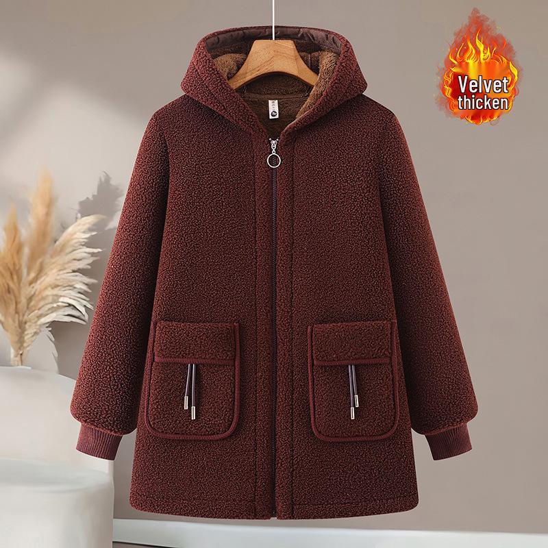 2025 Hooded Mid-Length Woolen Winter Jacket for Women with Plus Size and Thick Velvet Lining