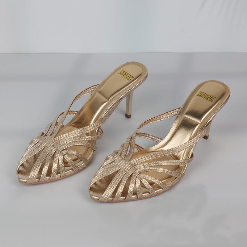 Fashion Women Shoes 2025 New Gold Hollow High Heels Luxury Pointed Toe Heeled Pumps for Women Office Mules Summer Stiletto Shoes Sandals