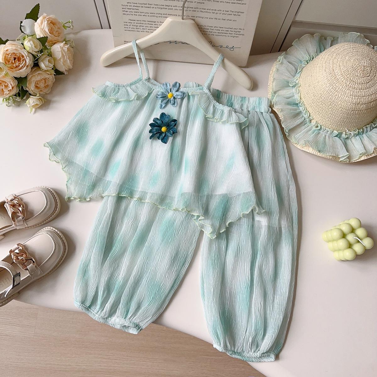 Girls Mori Style 3D Floral Ruffled Strappy Wide-Leg Pants Set Size 130