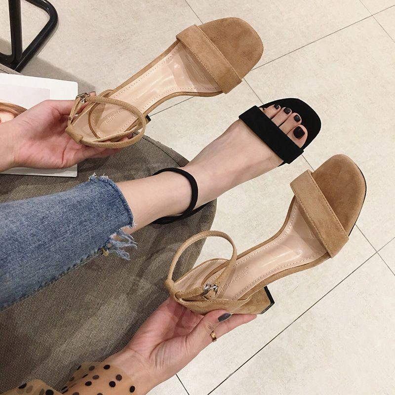 One-word buckle sandals women's 2021 new ins trendy fashion versatile thick heel Roman shoes fairy style high heels