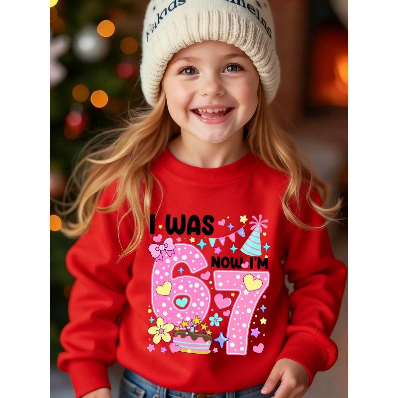 European sizes Number 67 Birthday Series" Kids' Fashion -Lined Crew Neck Sweatshirt "I WAS 6, NOW I'M 7" Cake Element Cartoon Print