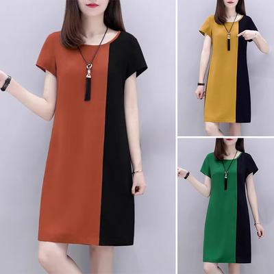 Elegant 3d Print Patchwork Women Dress Casual Round Neck Vestidos Summer Short Sleeve Knee Robes Loose Dresses