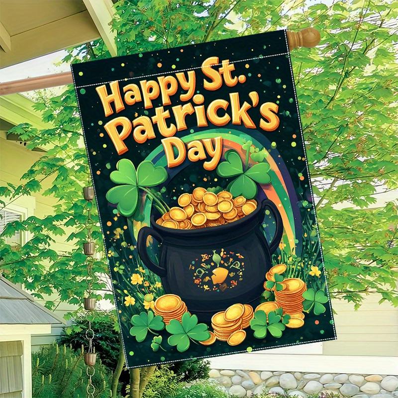 1pc, Happy St. Patrick'S Day Garden Flag Double-Sided Polyester Outdoor Decor, Festive Yard Flag with Clover and Golden Coins Design, No Electricity N