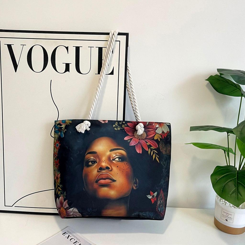 2025 Damska Duża Torba Płócienna: Stylowy nadruk, torba plażowa i na zakupy