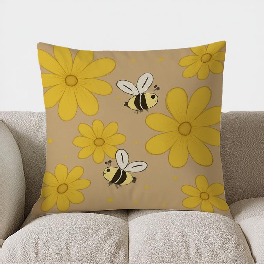 Home Decor Cute Bee And Flower Design Pillow Cover Pattern Cushion Cover Suitable For Sofa Bedroom Car Pillow Cover