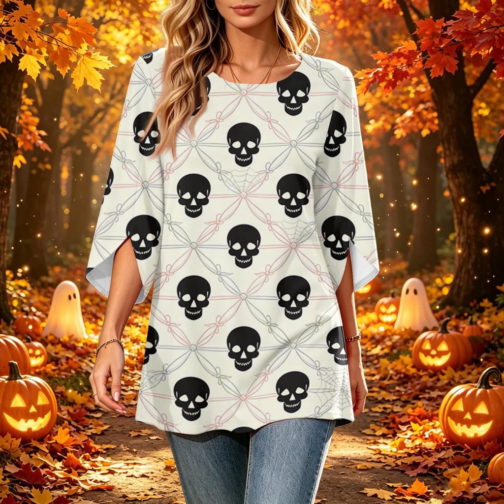 Women's Halloween Print Casual Loose Fit Three-Quarter Sleeve Round Neck Top