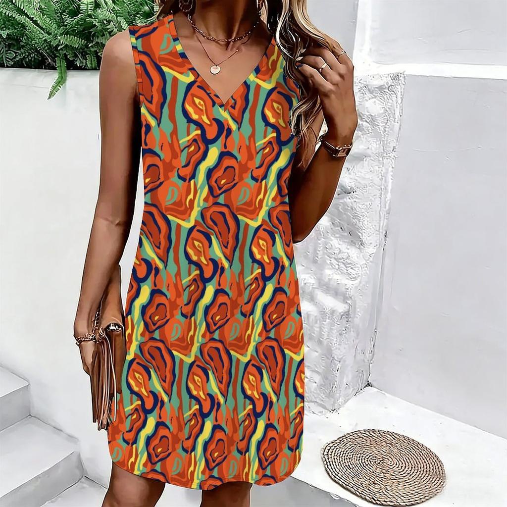 Plus Size V Neck Sleeveless Dress Soft Watercolor Peach Blossom Print For Leisure Courtyard Time