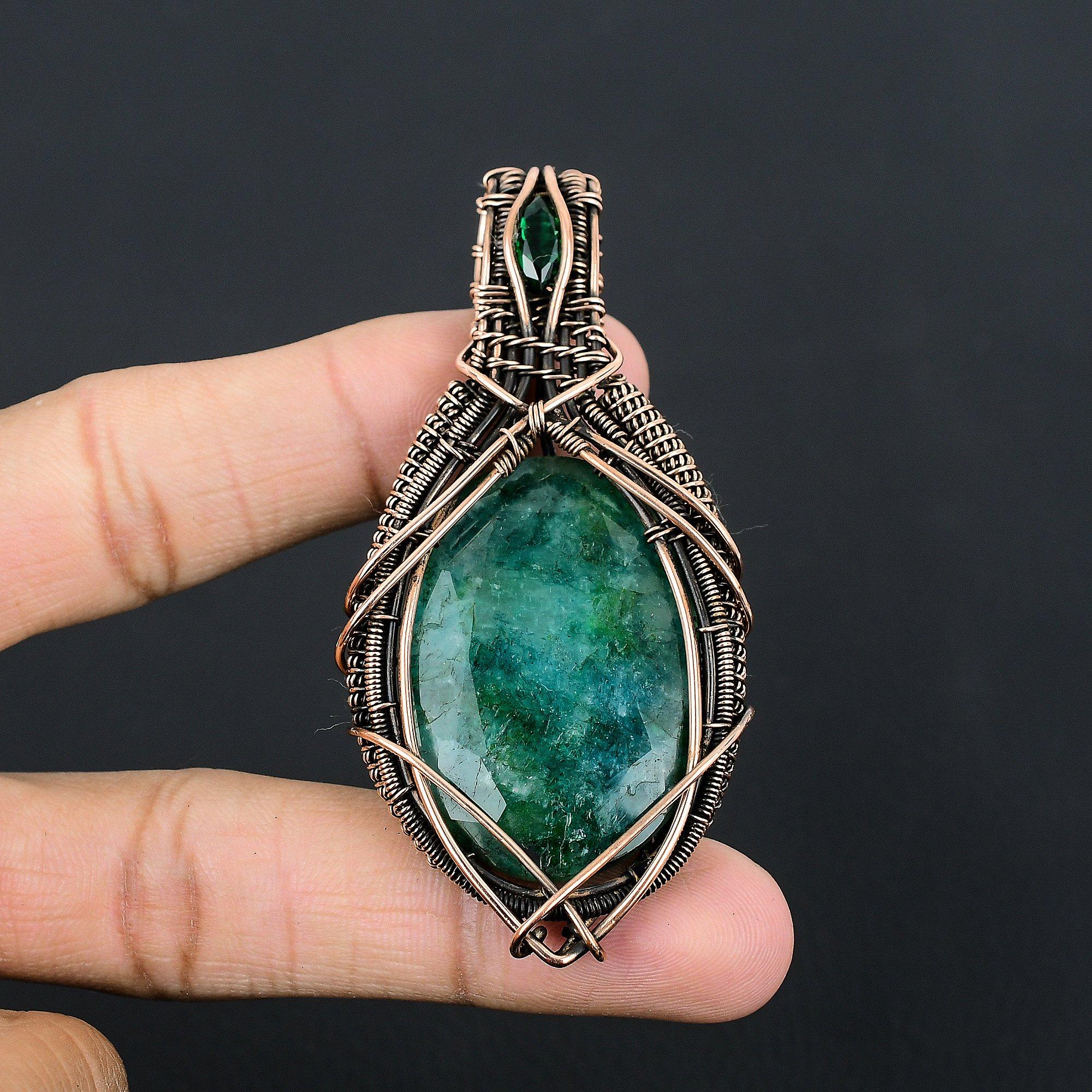 

Emerald & Tourmaline Pendant, 999 Copper Wire Wrapped Pendant Gemstone Jewelry, Handmade Pendant Amazing Jewelry, Gift For Her 2.55 Inches