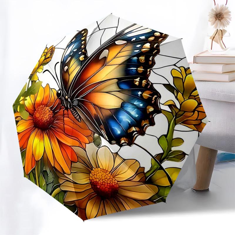 

1pc Butterfly & Flowers Automatic Folding Umbrella - Portable 3-Fold Design with 8-Bone Iron Frame, Outdoor, Gift for Fans, Travelers, Daily Use, Fest