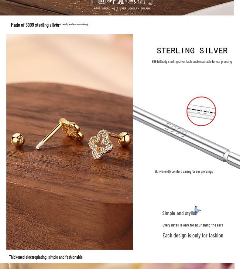 Sterling Silver Four-Leaf Clover Stud Earrings for Women - Comfortable for Sleeping