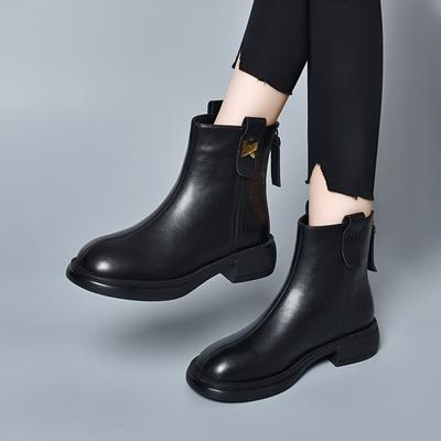 Lederstiefel Damen Herbst und Winter schlicht lässig flache Martin-Stiefel Reißverschluss hinten runde Spitze kurze Stiefel Samt Baumwollstiefel
