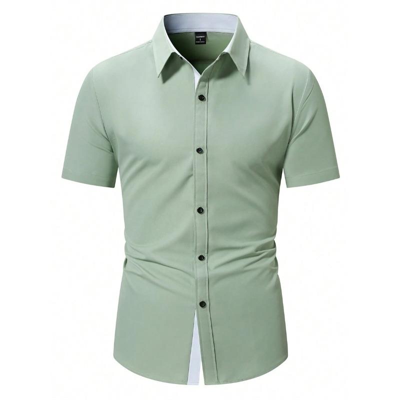 New Summer Men Clothes Spell Color Short Sleeve Shirt Men Lapel Fashion 100% Polyester Shirt Tops