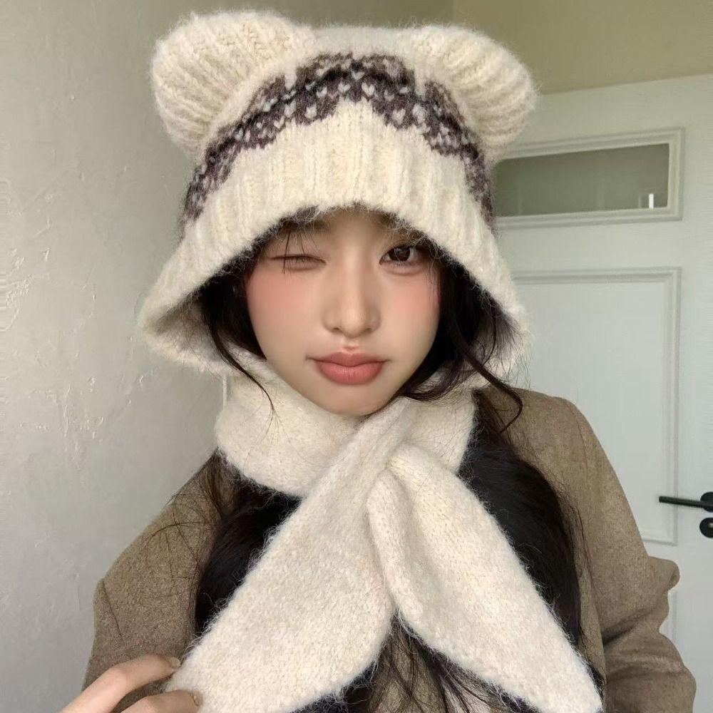 Ethnic Style Jacquard Knitted Hat Fair Isle Style Printing Knit Cap Cute Bear Ears Beanies  Outdoor