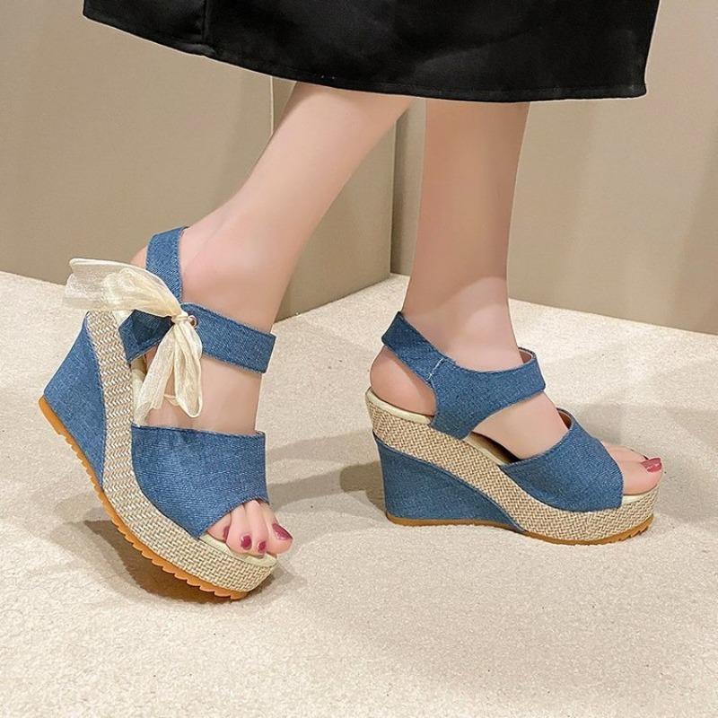 New women's sandals wedge heel lace fish mouth women's Velcro one-word buckle muffin thick bottom
