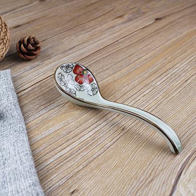 Soup Spoons Japanese Ceramic Kitchen Tableware Long-Handled Spoon Creative Retro Flower Print  Household Tableware Set Spoon