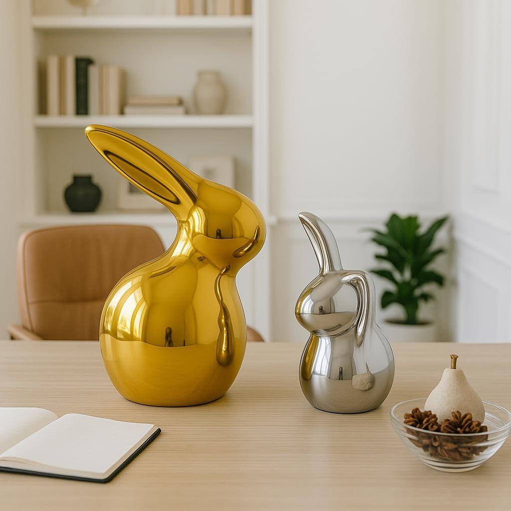 Home Décor Ceramic Cute Golden & Silver Rabbit Figurines (Set of 2, Golden and Silver)