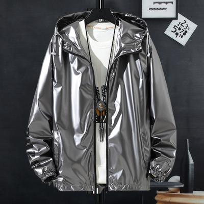 Men Shiny Glossy Coat Hooded Long Sleeve Teenager Coat with Adjustable Drawstrings Cuffed Sleeves Bright Surface Jacket
