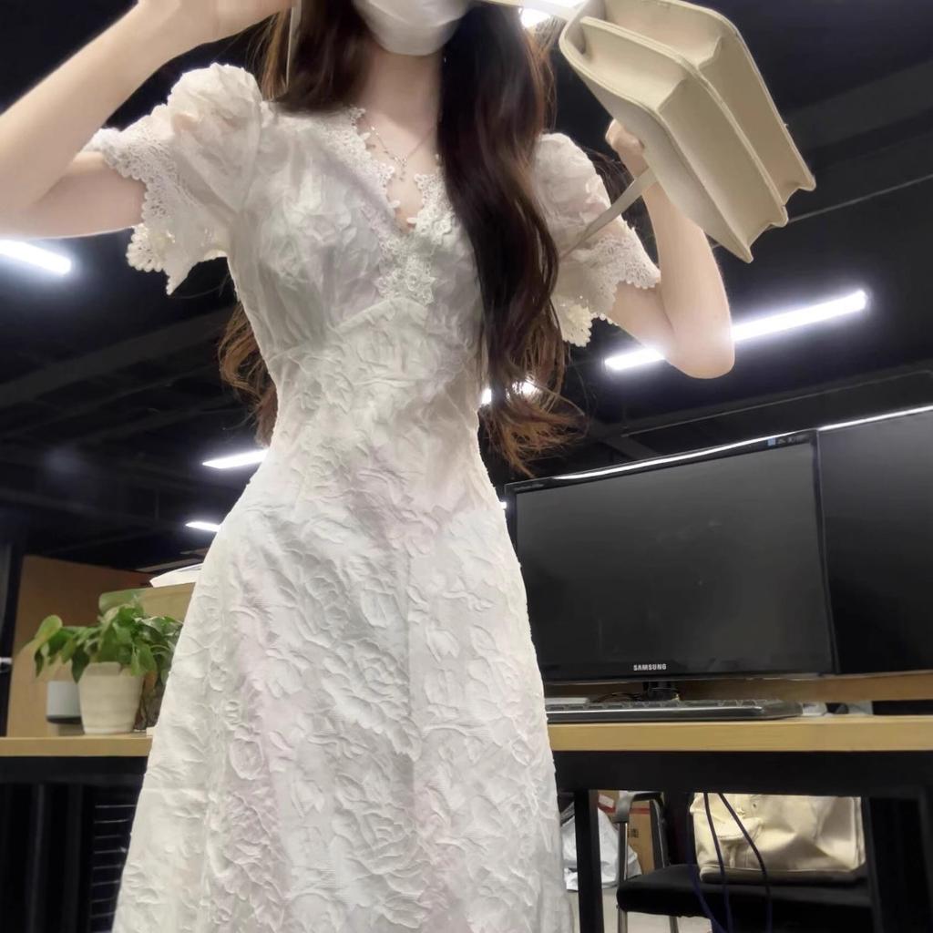 French Sweet Spice Girl Dress Women's Summer V-Neck High Sense Gentle Princess Dress Tall Man Coffee Break Waist Long Dress