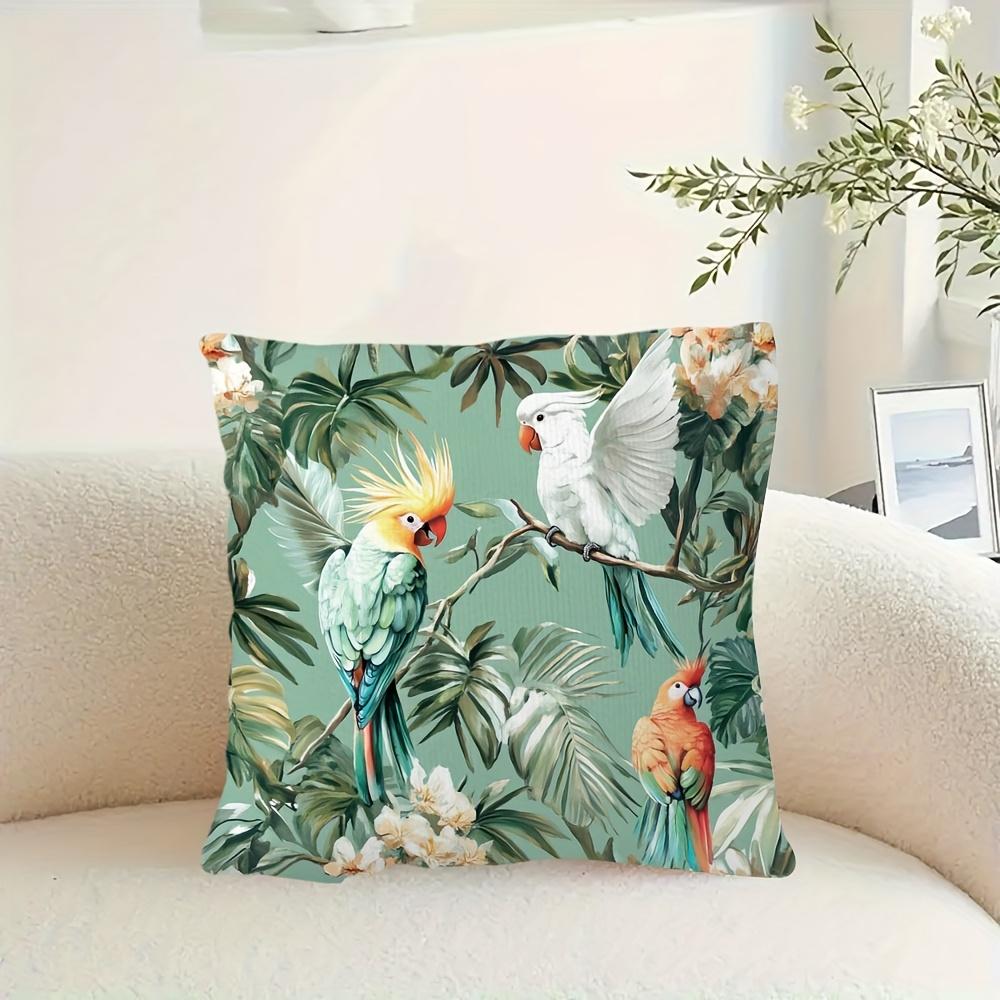 2D flach- Tropischer Dschungelvögel Kissenbezug Grün Palmenblatt Floral Nymphensittich Ara Kissenhülle für Heimdekoration