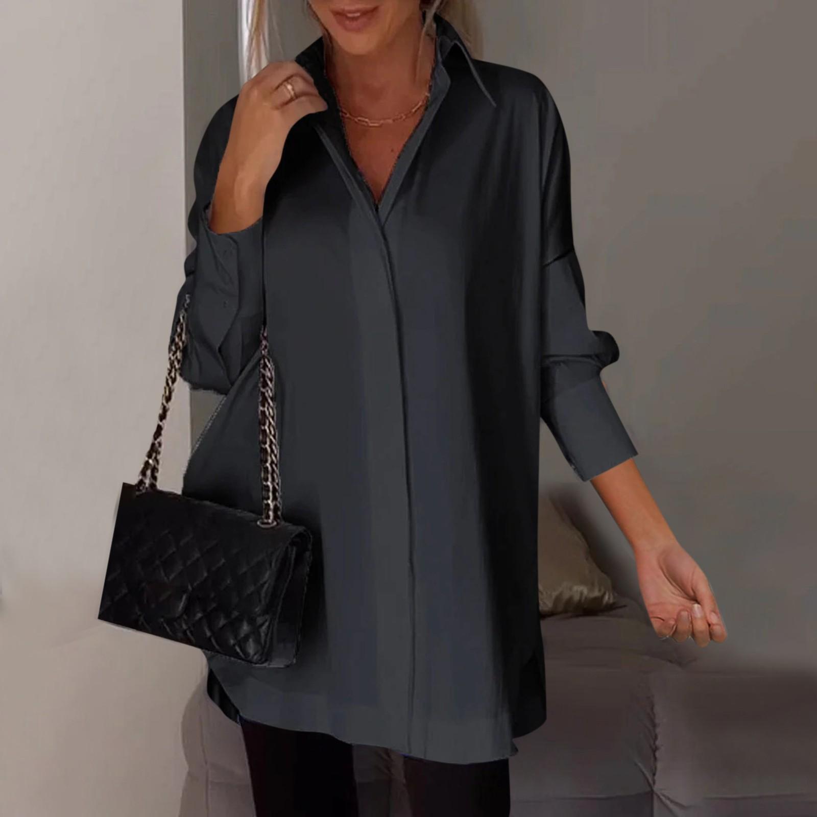 Женская модная однотонная повседневная рубашка с бархатным воротником и длинными рукавами — фото 10