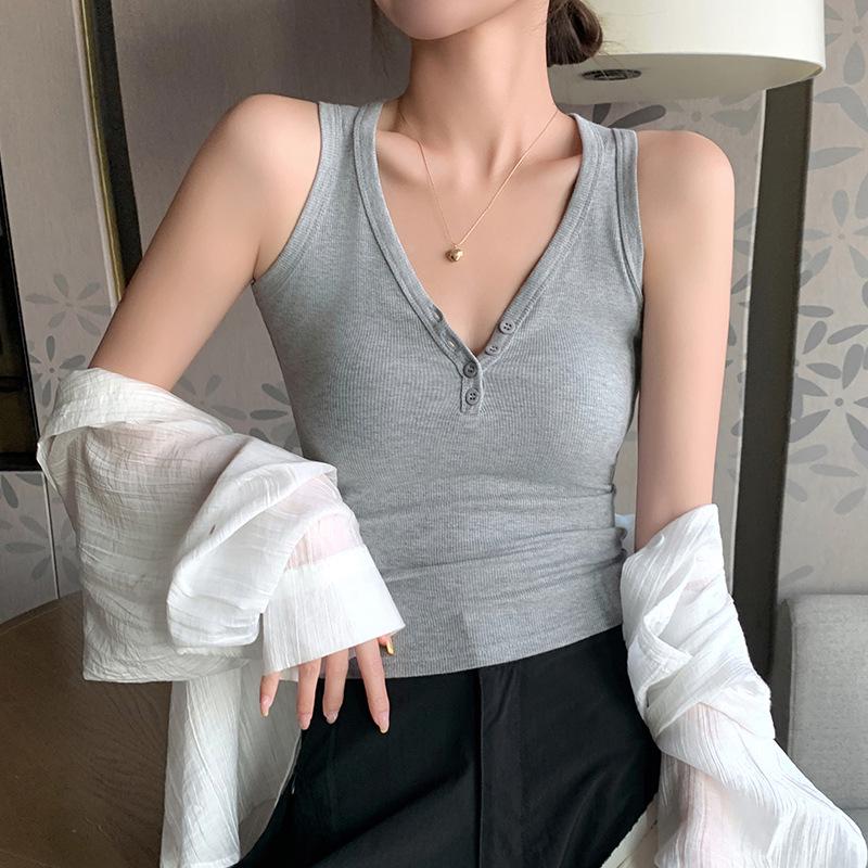 K3019 Threaded Button V-Neck Camisole - Women's Slim-Fit Cotton Top, Spring/Summer Style