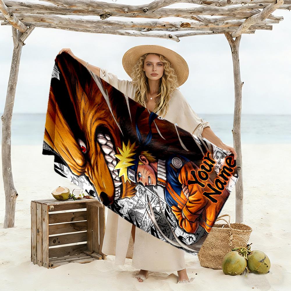 Naruto Character Customize Text Beach Towel High Absorbency & Quick-Dry Suitable for Swimming Gym Camping Yoga Vacation