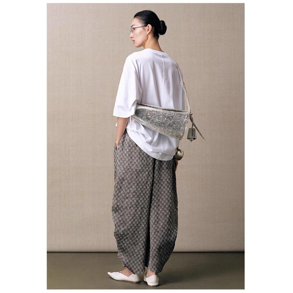 Retro Linen Plaid Pleated Casual Pants