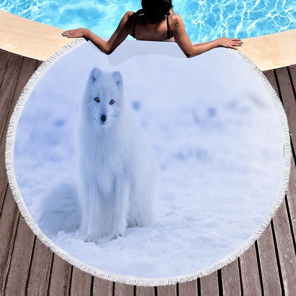 Kawaii Fox Round Beach Towel,Wild Animal Print Beach Blanket,Soft Woodland Animal Themed Rustic Fox Print Pool Towel Picnic Mat