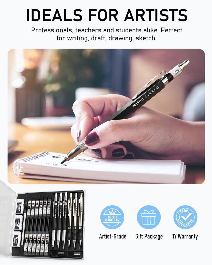 Nicpro Mechanical Pencil Set with Metal Pencil 2mm Graphite Lead Holder 12 Mechanical Pencil Lead Refills Case, 0.5 & 0.7 & 0.9 & (2B, HB, 2H)